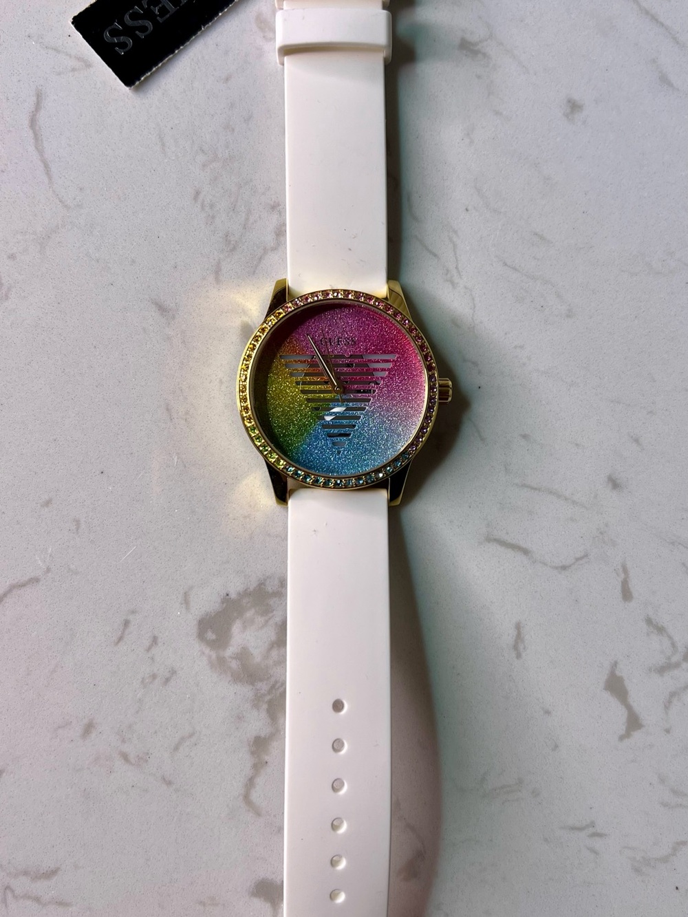 Guess Women's Gold-Tone Watch with White Silicone Strap and Rainbow Glitter Dial